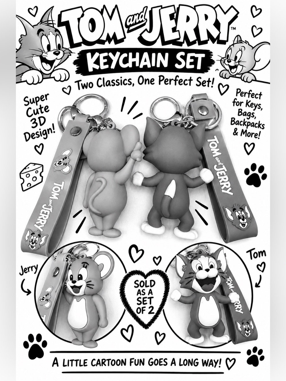 Tom & Jerry 3D Keychain Set – Cartoon Character Bag Charms Wristlet Key Rings